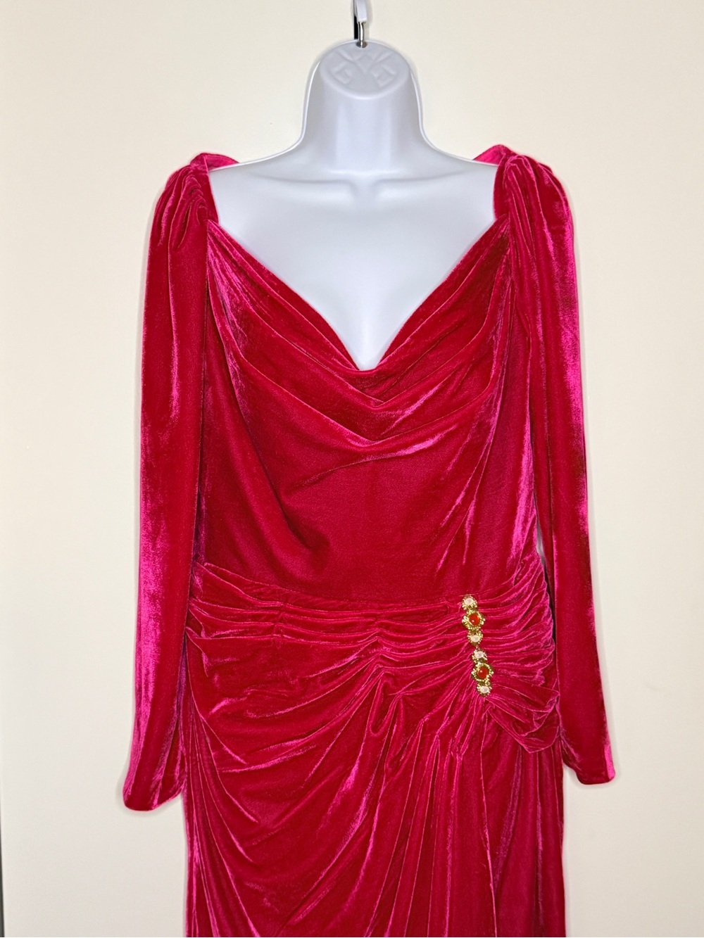 Chry Baby Fuchsia Velvet Midi Dress with Draped Waist and Jewel Accents